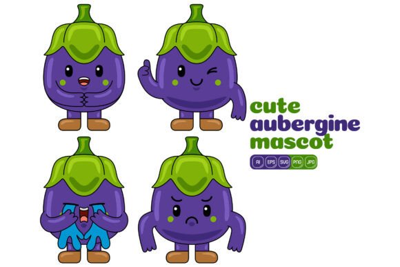 Cute Aubergine Mascot Vector Pack 01 for Crafting & Illustrations