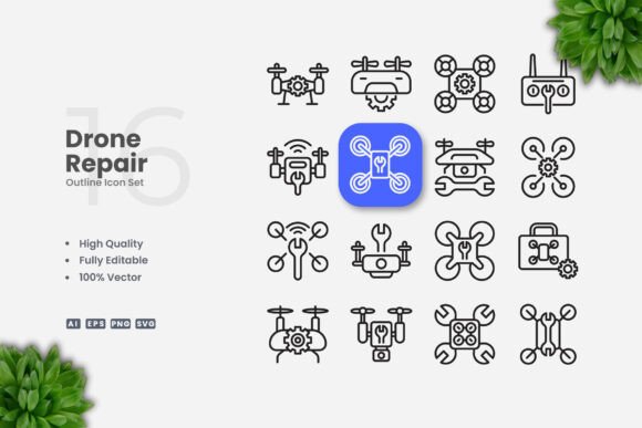Drone Repair Outline Icons for Branding and Design