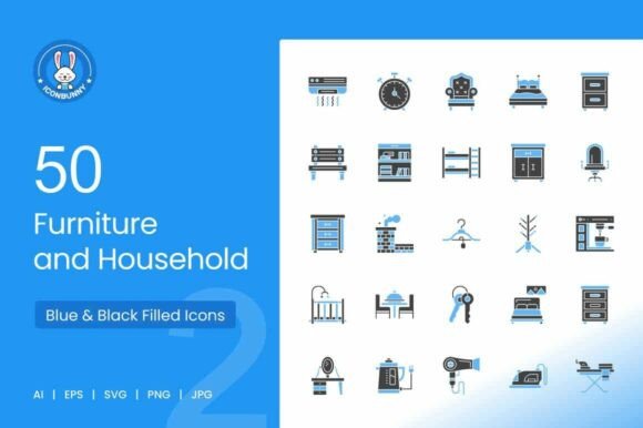 Furniture Household Blue Black Icons for Crafting and Design