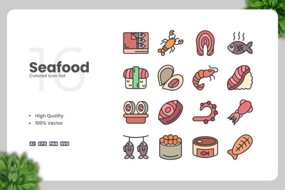 Seafood Colored Icons for Modern Graphic Design