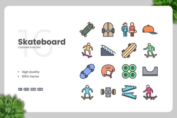 Skateboard Colored Icons for Digital and Print Products